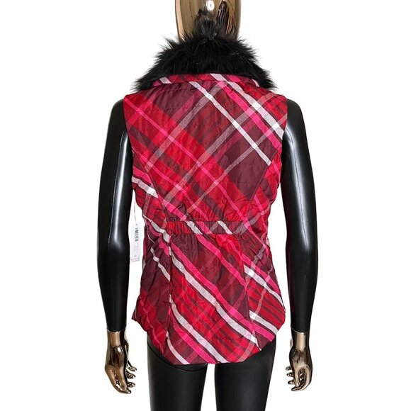 Chico's Plaid Puffer Vest 0 Small Removable Faux Fur Collar Red Holiday Zip Vest - Picture 4 of 11